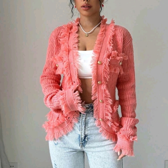 Ladies' Long Sleeve Cardigan With Fringed Edges, Buttoned Pockets - Picture 4 of 6